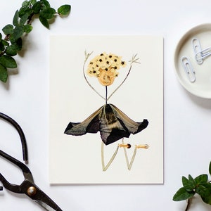 May include: A greeting card featuring a whimsical flower person made from pressed flowers. The person has a yellow flower head, a black flower skirt, and long, thin stems for arms and legs.