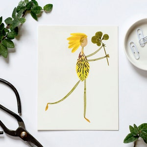 May include: A whimsical illustration of a person made from pressed flowers. The person is wearing a yellow dress and has yellow hair. They are holding a four-leaf clover in their hand.