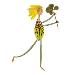 May include: A whimsical figure made from pressed flowers and leaves. The figure has yellow hair, a green and yellow dress, and is holding a four-leaf clover.