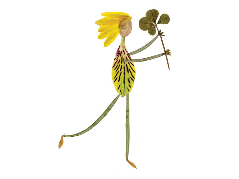 May include: A whimsical figure made from pressed flowers and leaves. The figure has yellow hair, a green and yellow dress, and is holding a four-leaf clover.