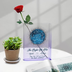 May include: A clear, rectangular vase with a purple tint, holding a red rose. The vase features a blue celestial design and the text "The Night We Met" with a date and location. A small potted plant sits to the left.