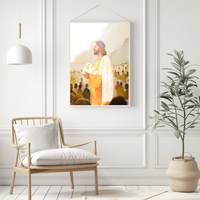 Jesus Leaves the 99 the Lost Sheep V2 Modern Christian Wall Art for