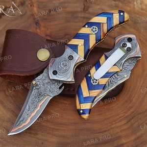 Limited Edition COPPER DAMASCUS Pocket Knife Handmade Anniversary Copper Folding Knife Unique and Personalized Gift Forged in Luxury Gift