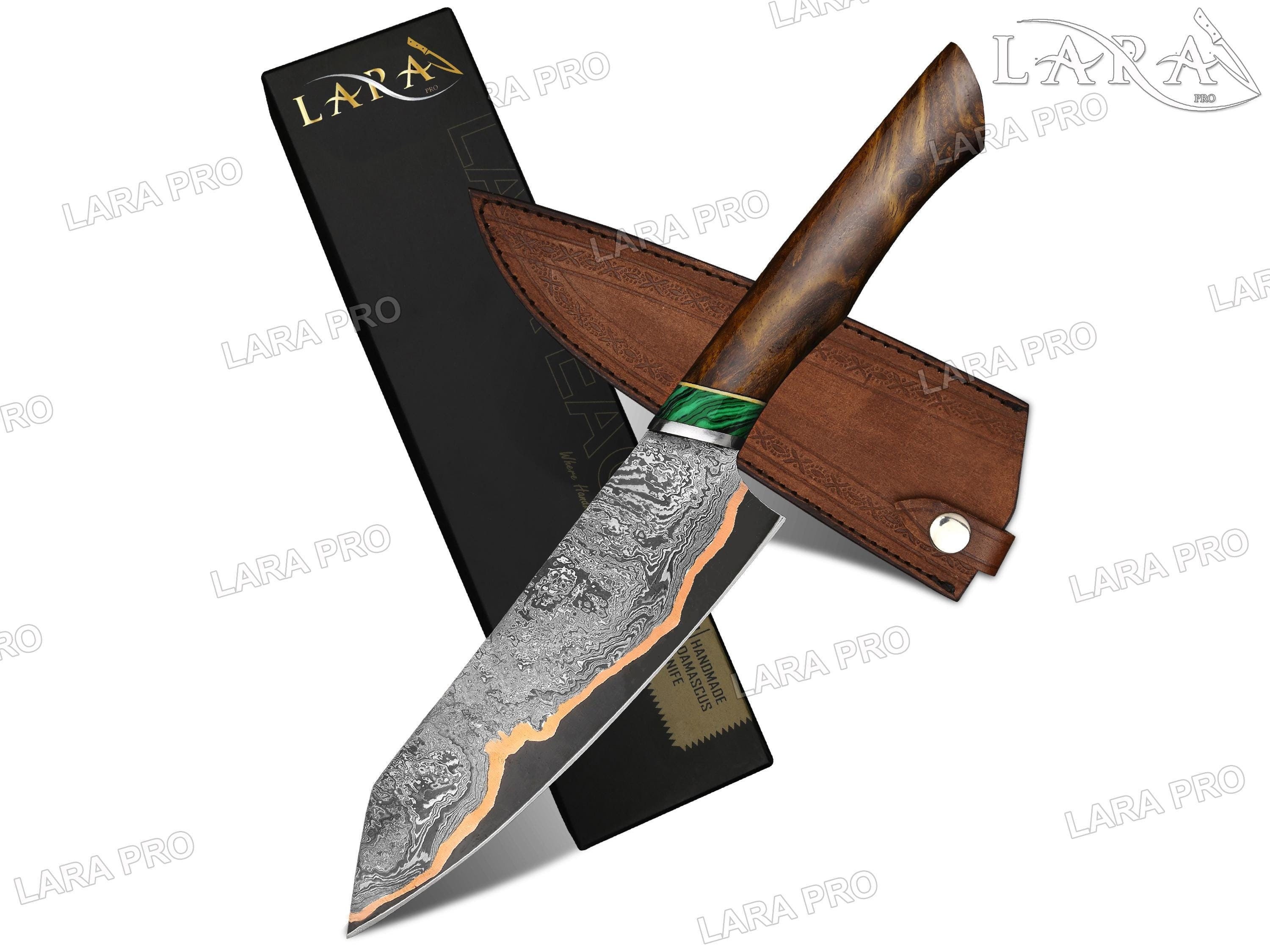 Copper Damascus Chef Knife For Anniversary, Handmade Luxury Kitchen Knife, Copper Blade, Malachite & Turquoise Handle Gift For Christmas