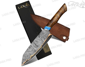 Custom Hand Forged Copper Damascus Chef Knife, Turquoise & Rose Wood Handle, Handmade Kitchen Chef Knife, Copper Knife, Gift For Anniversary