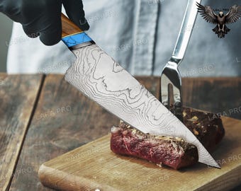 Rust Free Damascus Chef Knife Hand Forged Damacus Stainless Steel Kitchen chef Knife Turquoise & Rose Wood Handle Personalized Kitchen Knife