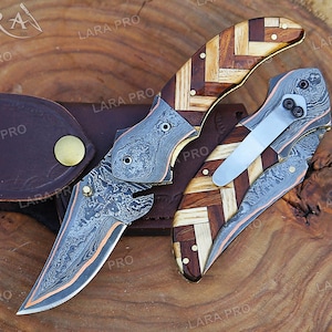 Personalized Handmade Copper Damascus Pocket Knife Anniversary Edition Folding Knife Birthday Gift Father&#39;s Day Gift Best Gift For Him