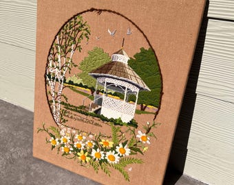 Vintage Framed Crewel Embroidery Wall Art - 1979 "Summer in the Park" - Sunset Stitchery - MCM - Unframed - 16" x 20"