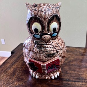 May include: A brown ceramic owl-shaped cookie jar with large eyes, wearing blue-rimmed glasses, and holding a red book with "ABC" on it. The owl has a textured feather design and a small ladybug on its head.