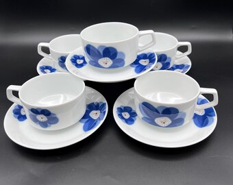 Vintage Indigo Moon Cups and Saucers Set of 5, MCM Blue Flower Ceramic Tea Cups, Japan 3915 Retro Pop Art Dinnerware