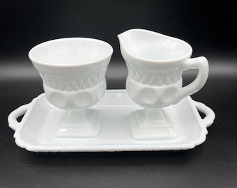 Vintage Milk Glass Pedestal Sugar Bowl Handled Creamer And Serving Tray Set