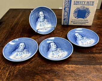 1970s Staffordshire Liberty Blue Colonial Historical Scene Coaster Ashtray - Benjamin Franklin - Original Box - Set of 4
