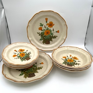 VTG Mikasa Garden Club Petunias Floral Stoneware - Lot Of 9 Pieces - Dinner Plates/Salad Plates/Bowls 1970s EC 401 Japan