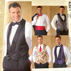 May include: A sewing pattern for a tuxedo vest. The pattern includes five different styles of vests, including a black satin vest, a patterned vest, and a vest with a shawl collar. The pattern is for size 4321.