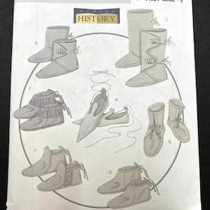 May include: A sewing pattern for making historical footwear. The pattern includes instructions for making seven different styles of shoes, including boots, sandals, and moccasins.