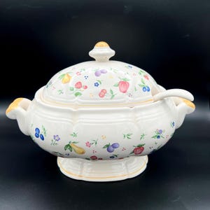 Japan Petite Fleur And Fruit Porcelain Ceramic Soup Tureen With Ladle VTG