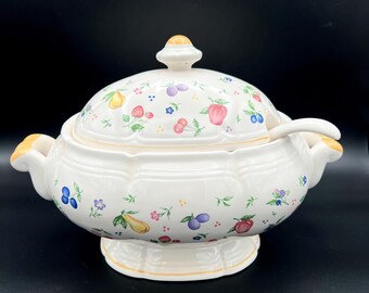 Japan Petite Fleur And Fruit Porcelain Ceramic Soup Tureen With Ladle VTG