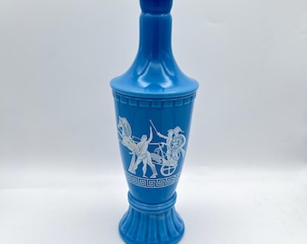 Vintage Jim Beam Blue Milk Glass Decanter Vase - Greek Chariots 12" Liquor Bottle - Mid Century Barware, Collector Beam Bottle, 1960s Decor