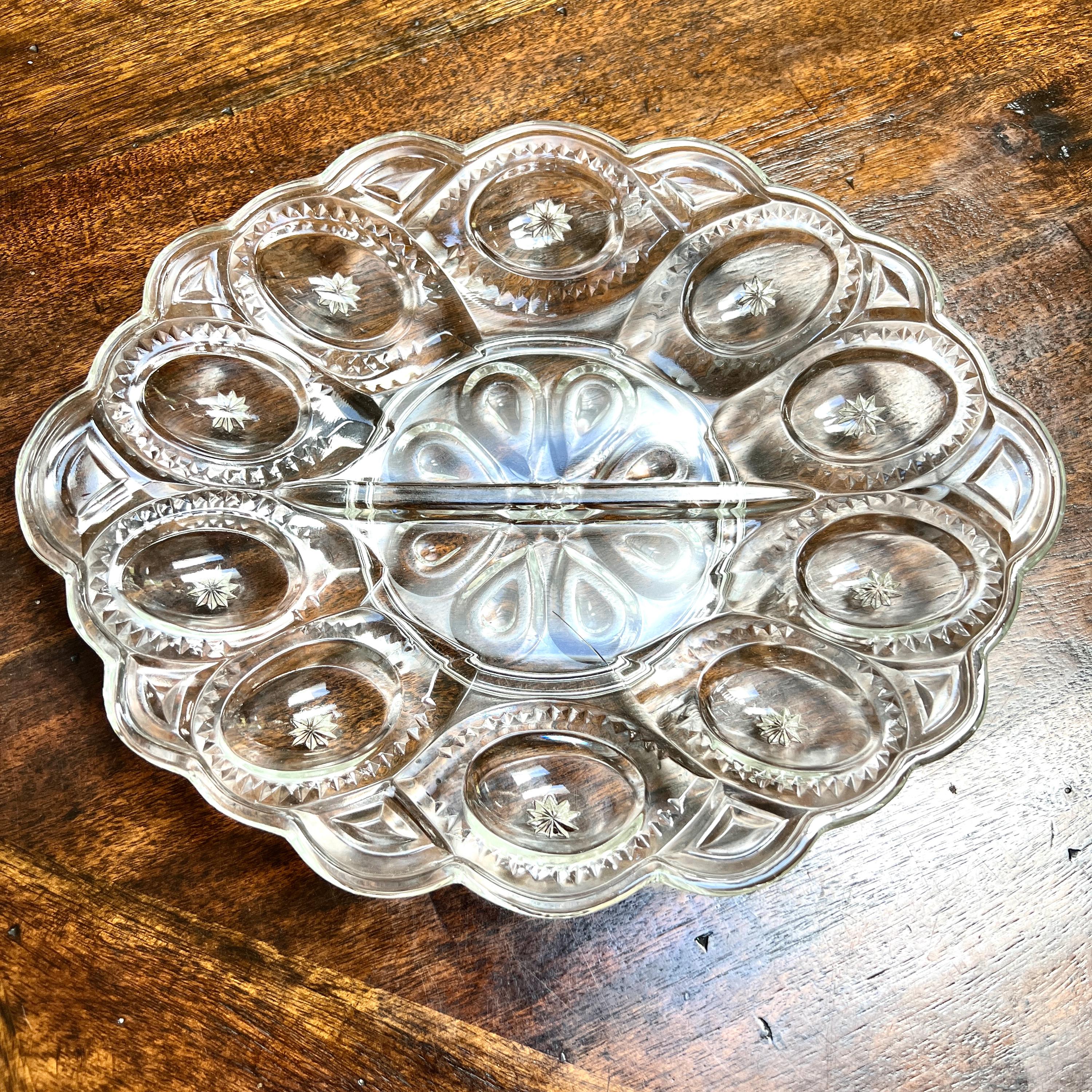 L.E. Smith Moon And Stars Clear Deviled Egg And Divided Relish Oval Glass Plate Vintage