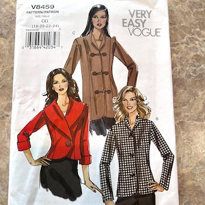 May include: Vogue Very Easy sewing pattern V8459. The pattern features illustrations of three different jacket designs. The pattern includes sizes GG (18-20-22-24). The cover is white with black and brown text and illustrations.