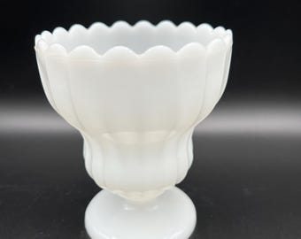Vintage Opalescent Milk Glass Scalloped Rim Ribbed Pedestal Urn Vase 5 1/2"