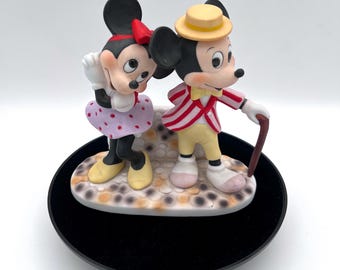 1980s Walt Disney Productions Mickey Minnie Mouse Ceramic Figurines - Vaudeville Barber Shop
