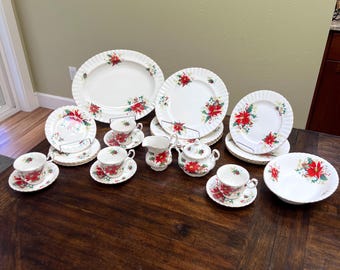 Royal Albert Poinsettia Christmas Holiday Dinner Set for 4 Plus Hostess Pieces - 24pcs Total - Free Shipping
