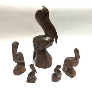 Set of 5 Hand-Carved Pelicans Dark Wood, Heavy, Unique Vintage Decor