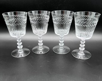 Verres vintage Tiffin-Franciscain Athlone - Gobelets à eau - Lot de 4 - Feuille de laurier gravée - Tige géométrique