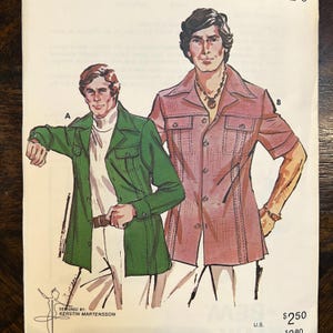 May include: Illustration of two men modeling vintage clothing. One man wears a green jacket over a white turtleneck and pants. The other man wears a pink short-sleeved shirt with a necklace. The text "DESIGNED BY KERSTIN MARTENSSON" is visible.