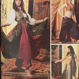 May include: A sewing pattern for a three-piece costume featuring a vest, skirt, and pants. The costume is inspired by Middle Eastern and Indian fashion. The pattern is by Andrea Wright.