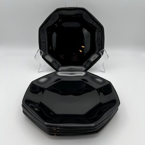 Vintage Arcoroc Octime Black Glass Octagonal Salad Plates Set Of 7 Made In France  7 1/2&quot; Diameter