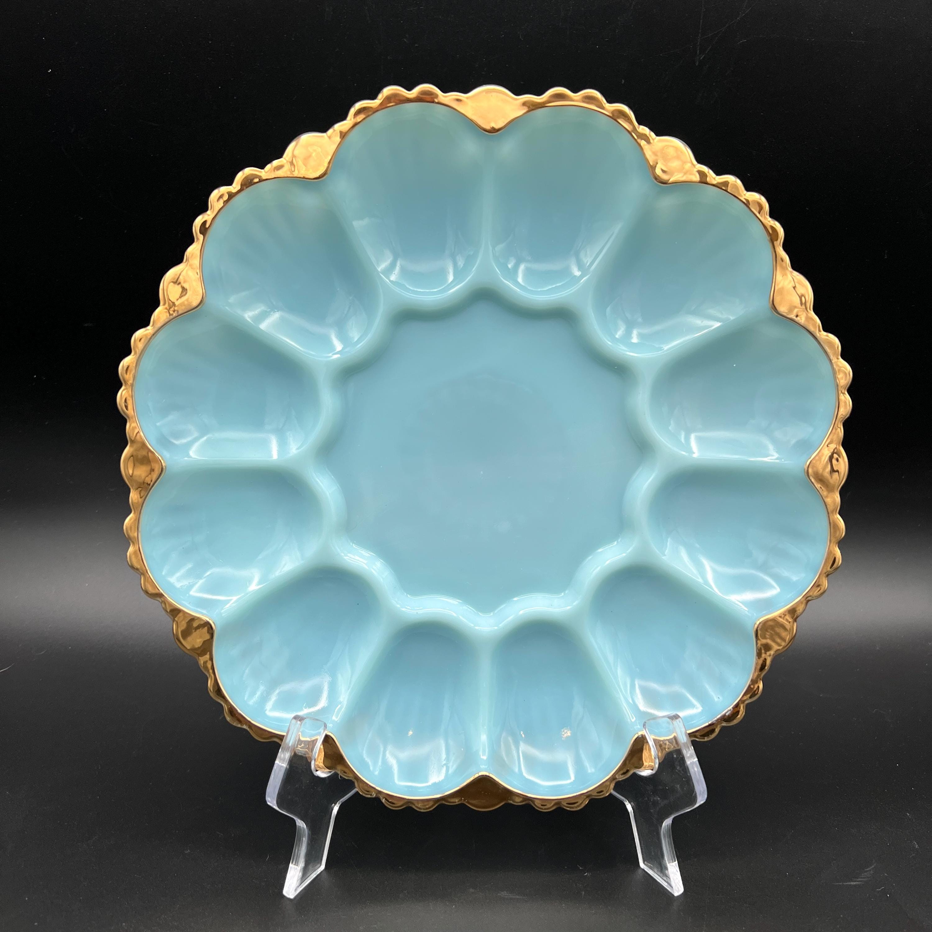 Vintage Anchor Hocking Fire King Delphite Blue Milk Glass Gold Trimmed Scalloped Edge Deviled Egg Plate Platter MCM