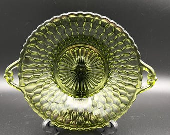 Vintage Indiana Glass Avocado Green Honeycomb Relish Dish 1960s