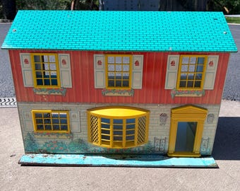 1950s Vintage Wolverine Tin Litho Metal 2-Story Dollhouse Farmhouse Country Estate