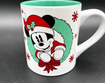 Collectible Disney Mickey Mouse Holiday Christmas Coffee Tea Mug Red Green Wreath Snowflakes - 14 oz.