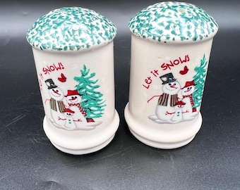 Vintage 1998 Let It Snow Mugs Atico Stoneware Christmas Holiday Snowman Salt and Pepper Shaker Set