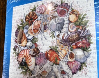 Vintage Janylnn Seashell Wreath Counted Cross Stitch Kit 2005 Nancy Rossi 023-0359