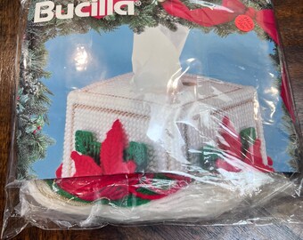 Vintage Bucilla 3D Poinsettia Tissue Box Cover Plastic Canvas Kit, Christmas Needlepoint Craft Kit 1994, Holiday Decor DIY