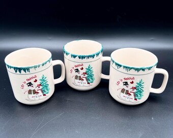 Vintage 1998 Let It Snow Mugs Atico Stoneware Christmas Holiday Snowman Coffee Cups - Set of 3