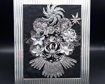 Jeweled Framed Jewelry Art Flower Bouquet, Silver & Gray Rhinestone Floral Collage, Vintage Brooch Art, Artist Signed - 10" x 11 1/2"