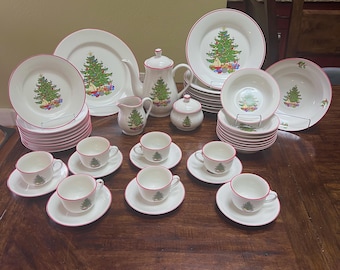 Vintage Cuthbertson American Christmas Tree White Dinnerware Set - Plates, Bowls, Coffee Pot, Cups/Saucers and more! Sold Individually