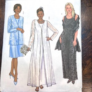 May include: A sewing pattern featuring three formal dresses. One dress is a light blue suit with a floral pattern, another is a white dress with a sheer overlay, and the third is a black dress with a floral pattern.