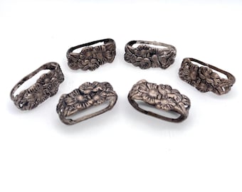 Vintage Set of 6 Floral Cast Metal Napkin Ring Holders - Scandinavian and Victorian Inspired Design