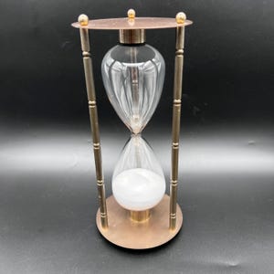 Mid Century Brass and Glass Hourglass - Decorative Nautical Sand Timer - Industrial Library Decor - Minimalist Gold Desktop Accent - 10 1/4"