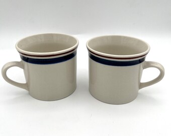 VTG Set of 2 Tienshan Stoneware Coffee Tea Mugs Blue Brown Striped 8oz
