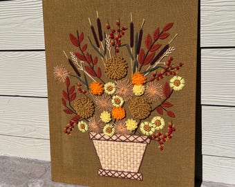 Vintage Framed Crewel Embroidery Wall Art - 1970s Paragon "Fall Bouquet" - MCM - Unframed - 19 1/4" x 25"