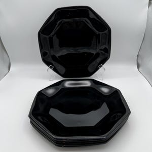 Set Of 7 Vintage Arcoroc Octime Black Glass Octagonal Dinner Plates Made In France 10 3/4&quot; Diameter