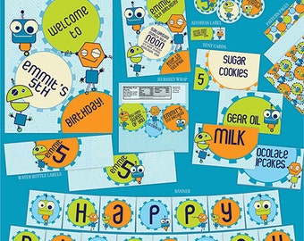 Op de afbeelding: Printbare robot- en tandwielthema-decoraties voor een verjaardagsfeestje. De set bevat een bord, uitnodigingen, etiketten voor waterflessen, tentkaarten, Hershey-verpakking, 2 inch ronde cirkels, patroonpagina's en een banner. De kleuren zijn blauw, groen, oranje en wit.