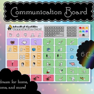 May include: A rectangular communication board featuring a grid of icons, words, letters, and numbers. The board includes sections for colors, actions, and pronouns, with a white background and various pastel-colored cells. Text includes "Communication Board" and "Inkwell of Disability Communication Board".
